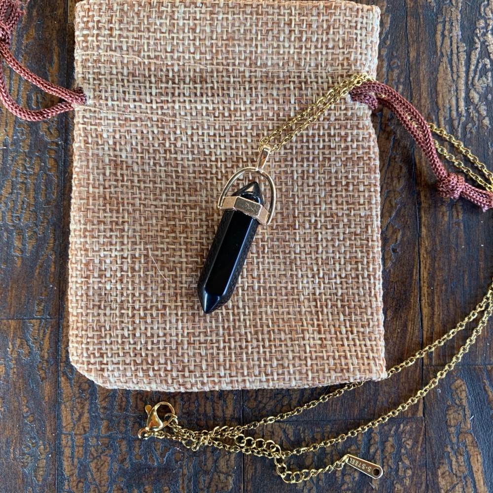 Gold plated Black Obsidian Crystal Point with gold plated Stainless Steel Chain
